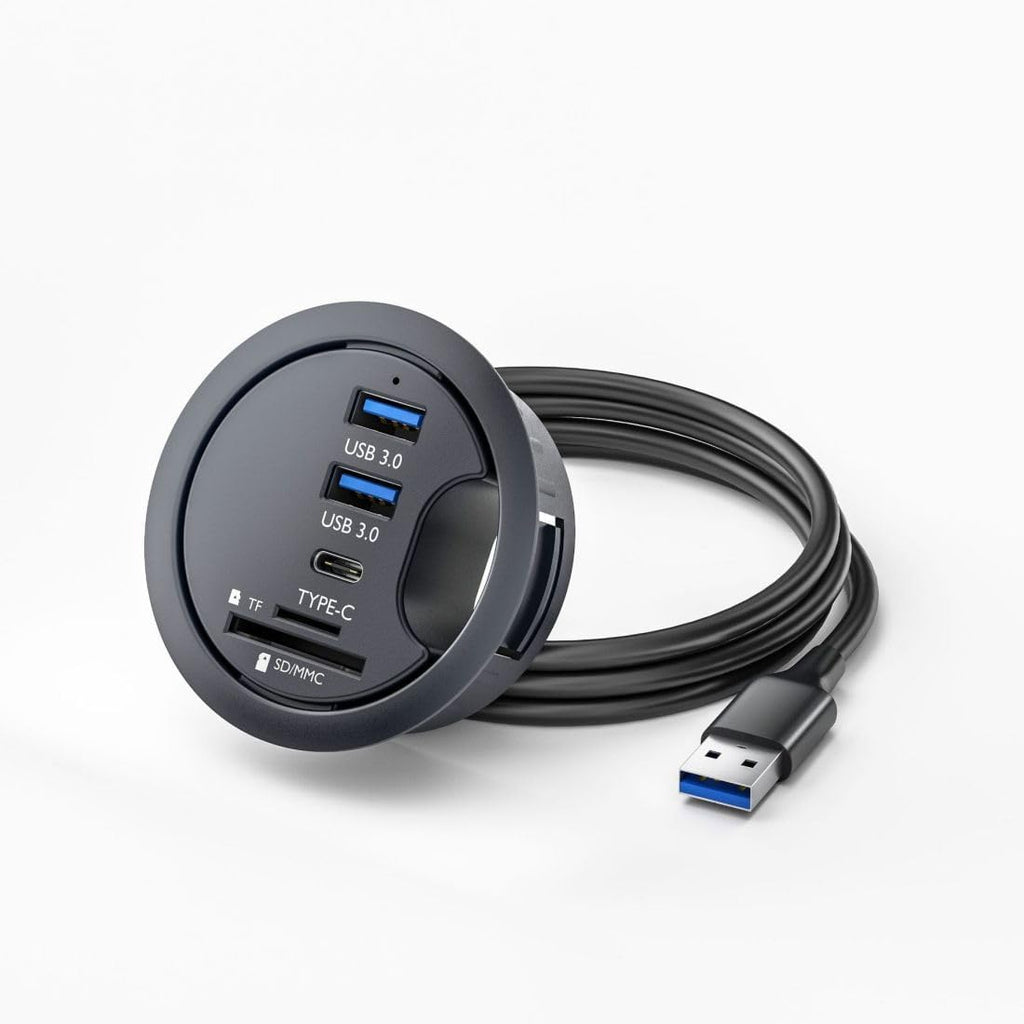 USB 3.0 Flush Mount Desktop Grommet Hub with SD Card Reader & Type-C