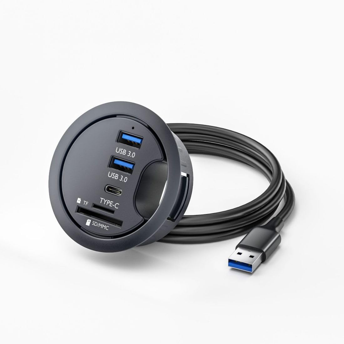 USB 3.0 Flush Mount Desktop Grommet Hub with SD Card Reader & Type-C