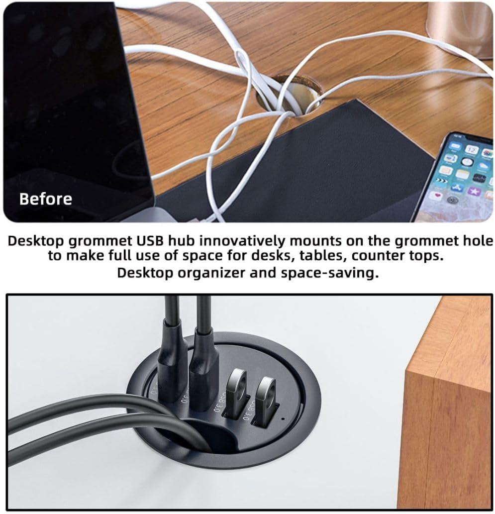 USB 3.0 Flush Mount Desktop Grommet Hub with SD Card Reader & Type-C