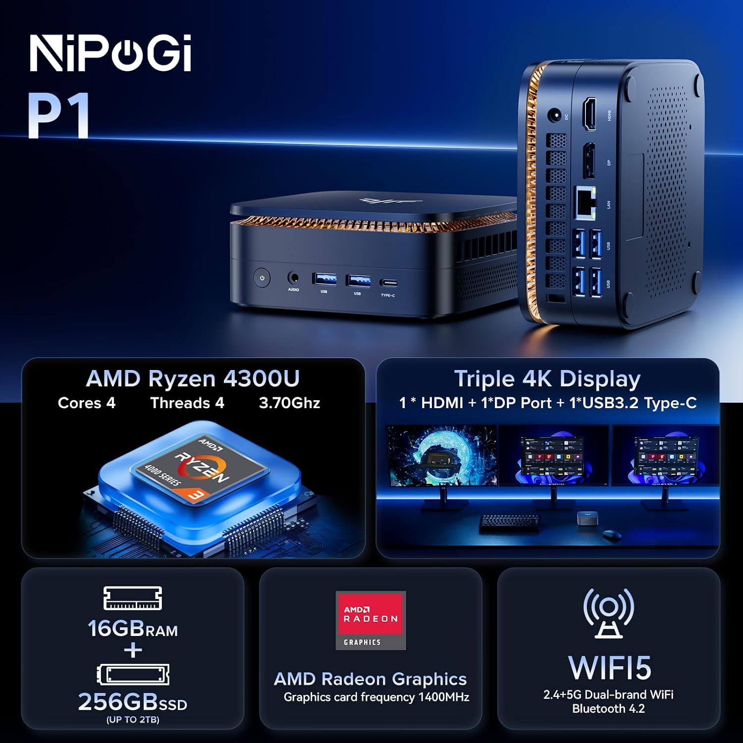 NiPoGi P1 Mini PC – AMD Ryzen 4300U