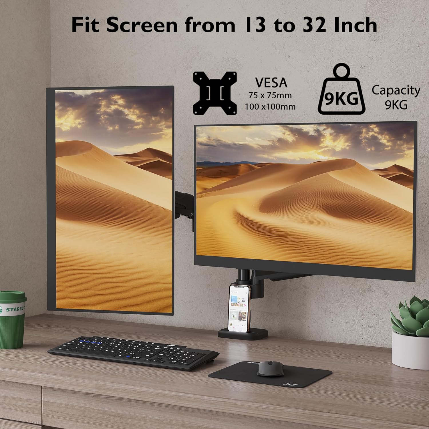 Dual Monitor Desk Mount with Gas Spring Arms for 13–32" Screens