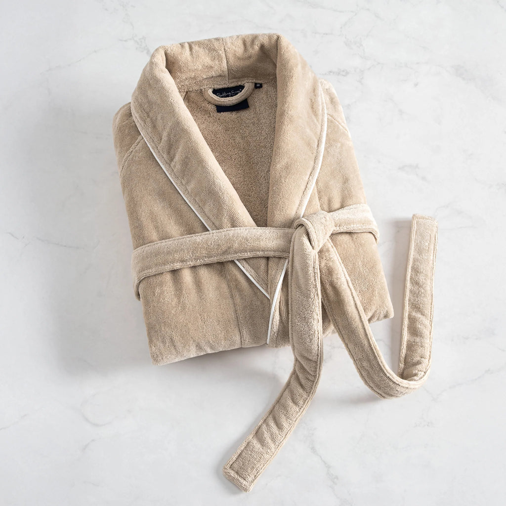 Harrow Cotton Bathrobe - Doeskin with White Pipping