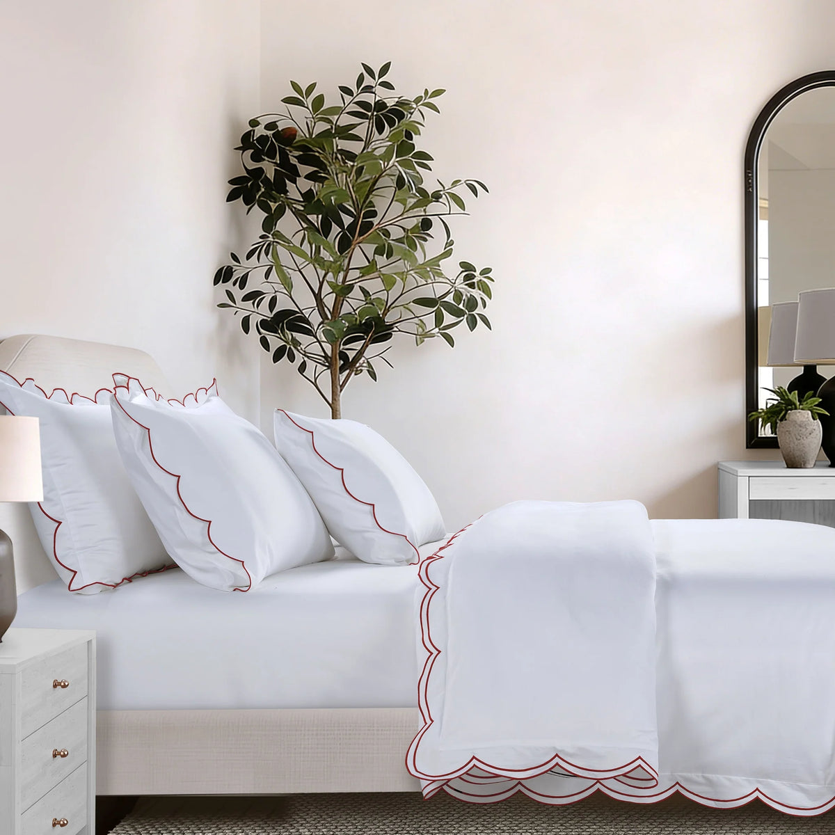 Egyptian Cotton Sophie Bedding Set - Brilliant White and Dark Burgundy