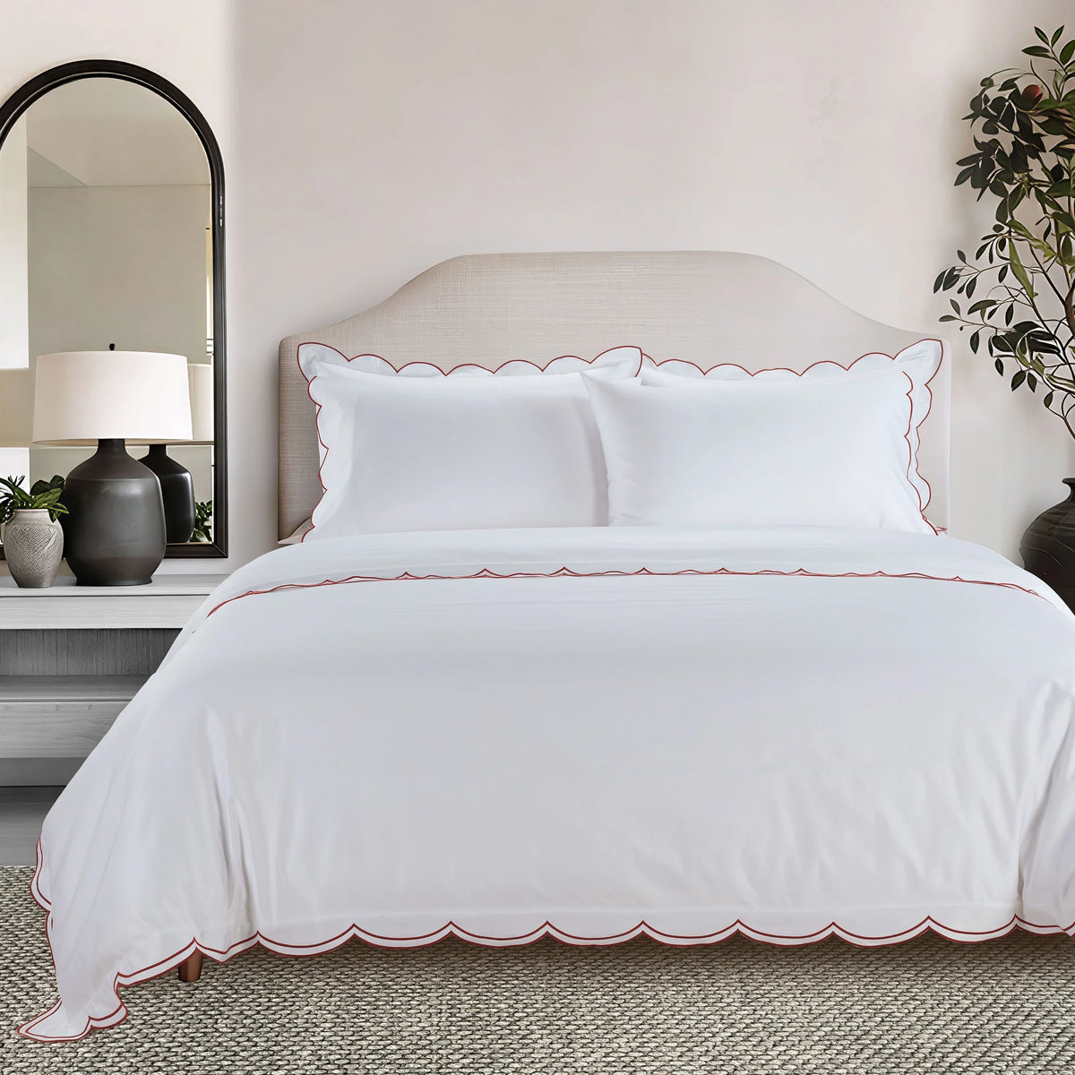 Egyptian Cotton Sophie Bedding Set - Brilliant White and Dark Burgundy